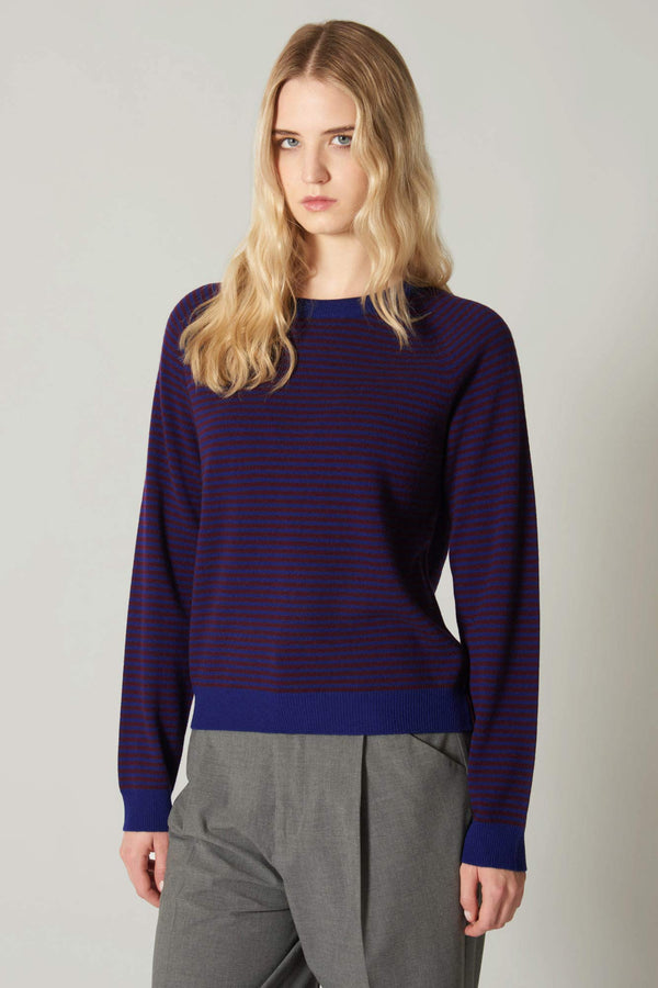 Girocollo a Righe in Puro Cashmere Marino-Acero