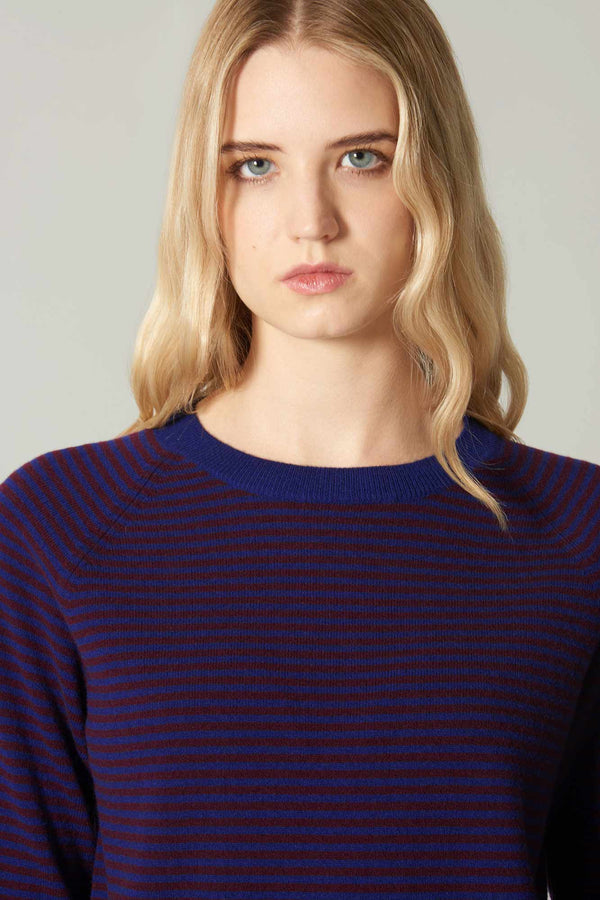 Girocollo a Righe in Puro Cashmere Marino-Acero