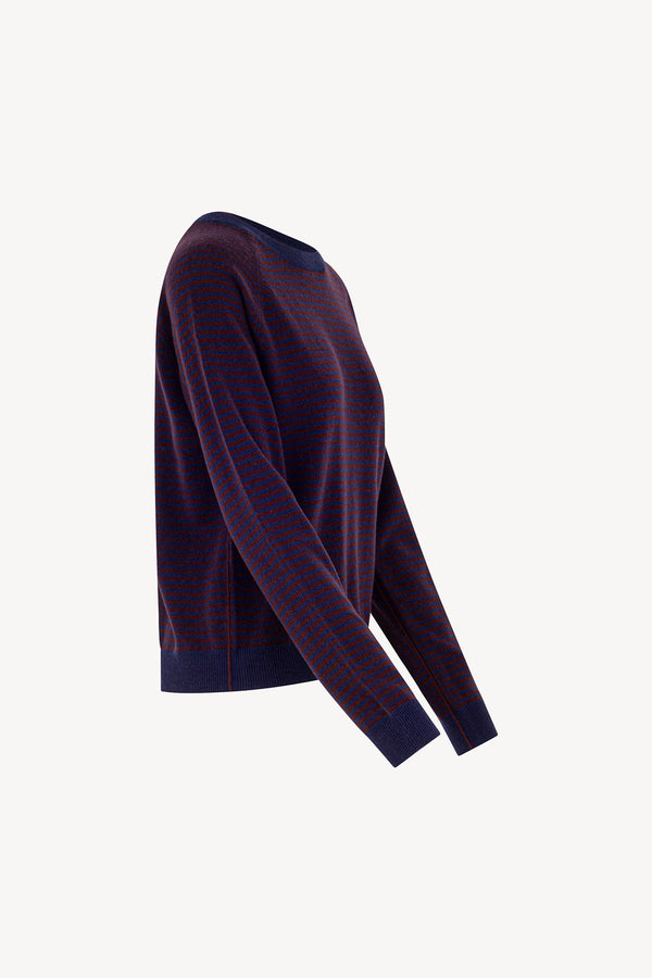 Girocollo a Righe in Puro Cashmere Marino-Acero