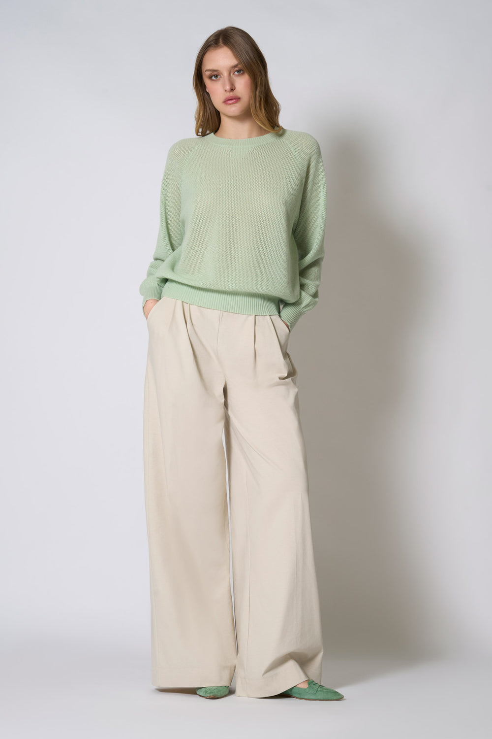 Felpa Rete in Puro Cashmere Verde Pastello