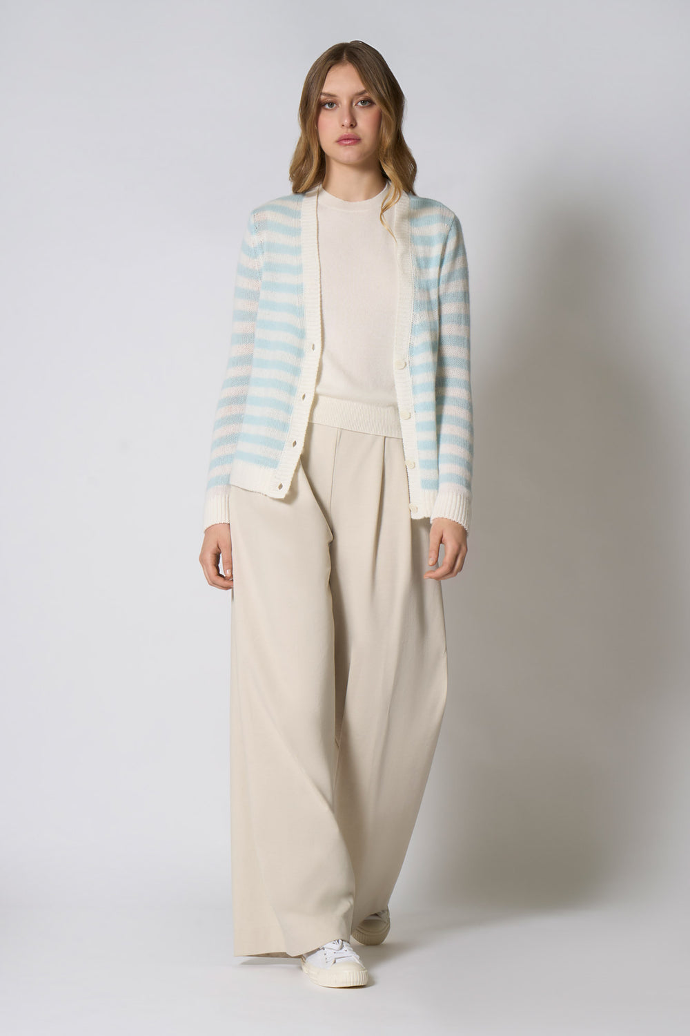 Cardigan a Righe in Puro Cashmere Acquamarina