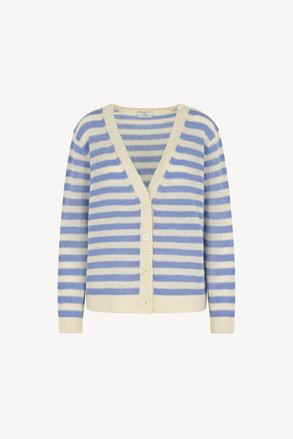 Cardigan a Righe in Puro Cashmere Cielo