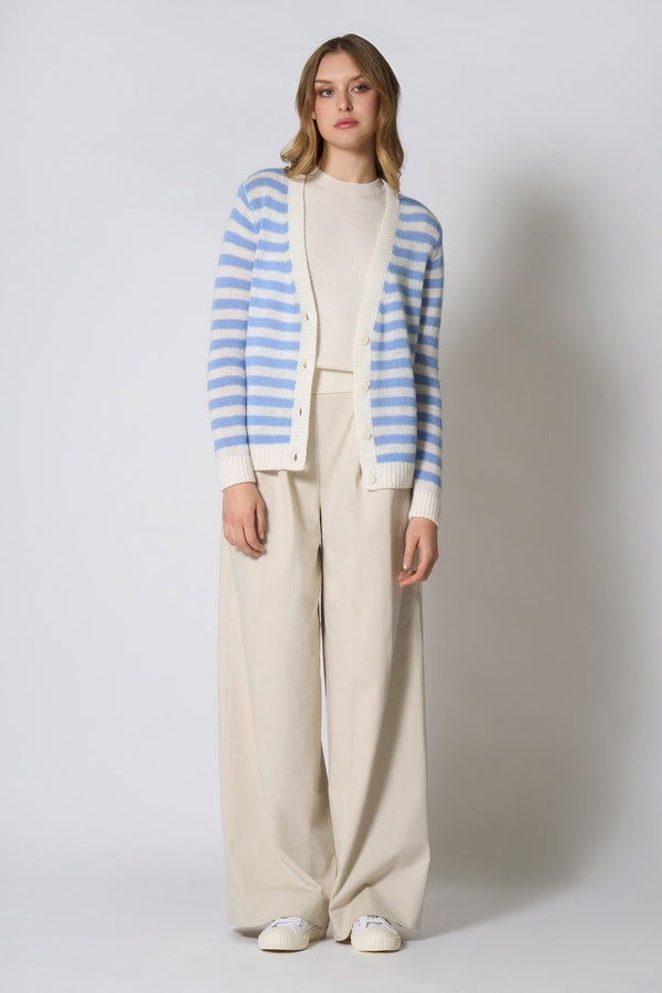 Cardigan a Righe in Puro Cashmere Cielo