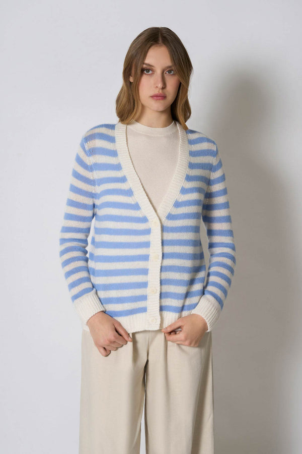 Cardigan a Righe in Puro Cashmere Cielo
