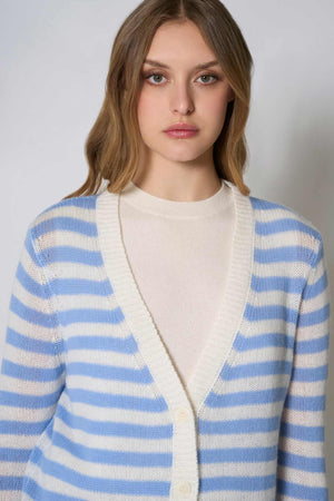 Cardigan a Righe in Puro Cashmere Cielo