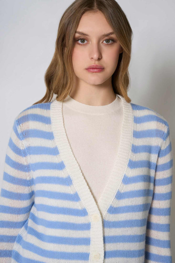 Cardigan a Righe in Puro Cashmere Cielo