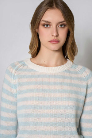 Maglia Girocollo a Righe in Puro Cashmere Acquamarina