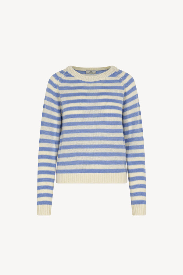 Maglia Girocollo a Righe in Puro Cashmere Cielo