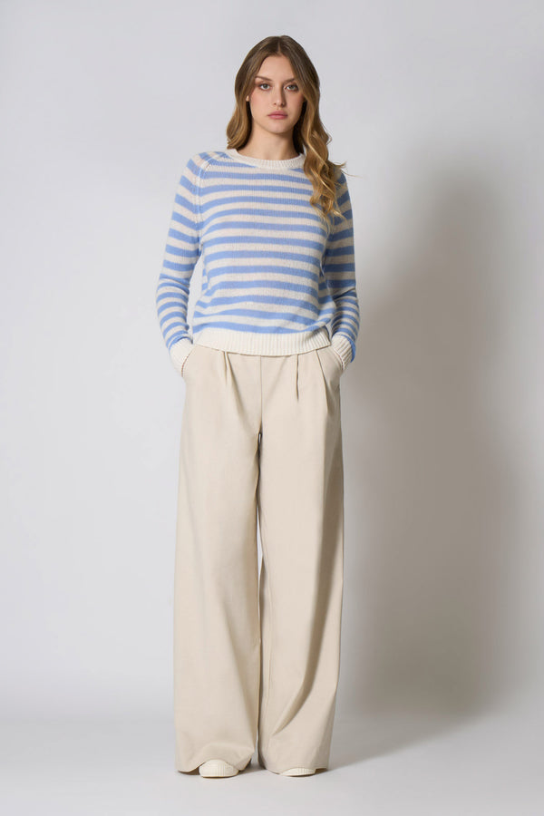 Maglia Girocollo a Righe in Puro Cashmere Cielo