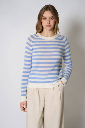 Maglia Girocollo a Righe in Puro Cashmere Cielo