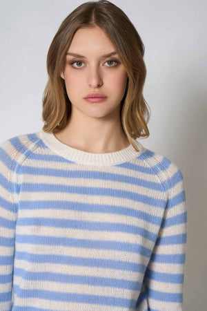 Maglia Girocollo a Righe in Puro Cashmere Cielo