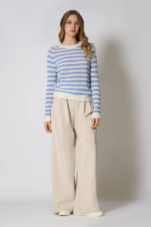 Maglia Girocollo a Righe in Puro Cashmere Cielo