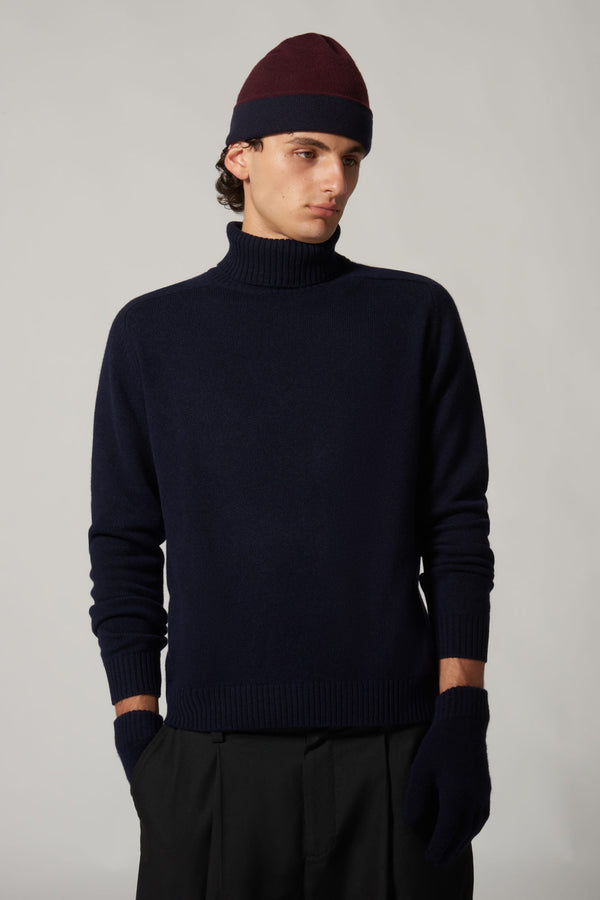 Berretto Reversibile in Puro Cashmere Notte-Acero