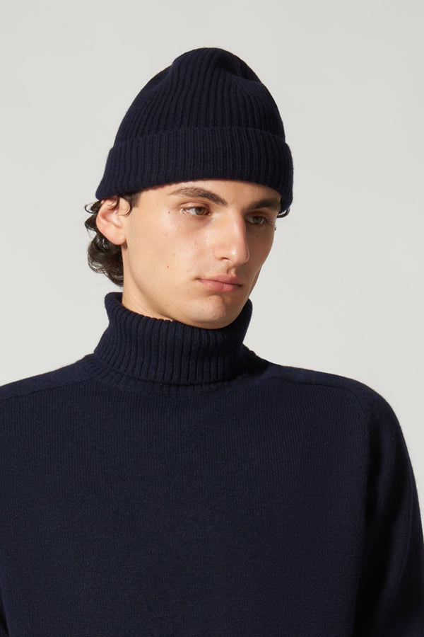 Berretto Unisex a Coste in Puro Cashmere Navy - Modello Corto