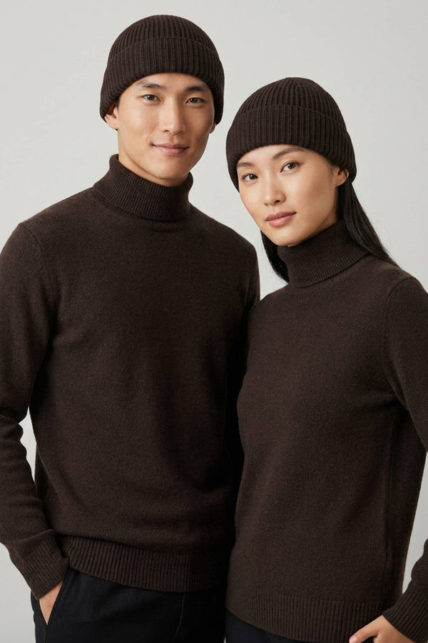 Berretto Corto Unisex a Coste in Puro Cashmere Mocha