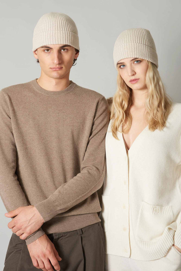 Berretto Unisex a Coste in Puro Cashmere Avena - Modello Corto