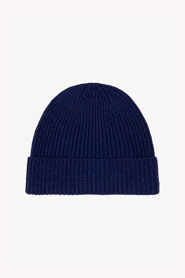 Berretto Unisex a Coste in Puro Cashmere Ink Blue - Modello Corto
