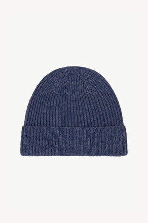 Berretto Unisex a Coste in Puro Cashmere Denim Scuro - Modello Corto