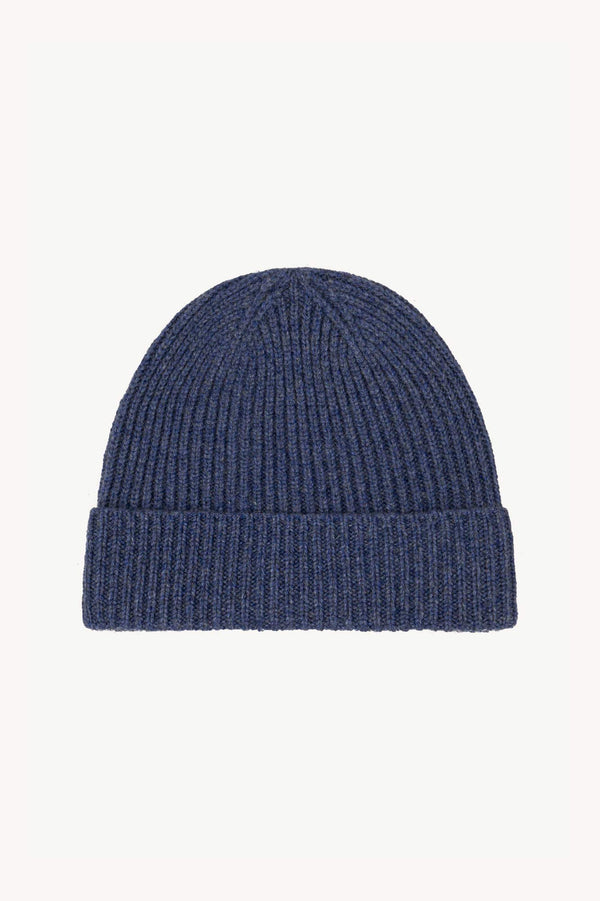 Berretto Unisex a Coste in Puro Cashmere Denim Scuro - Modello Corto