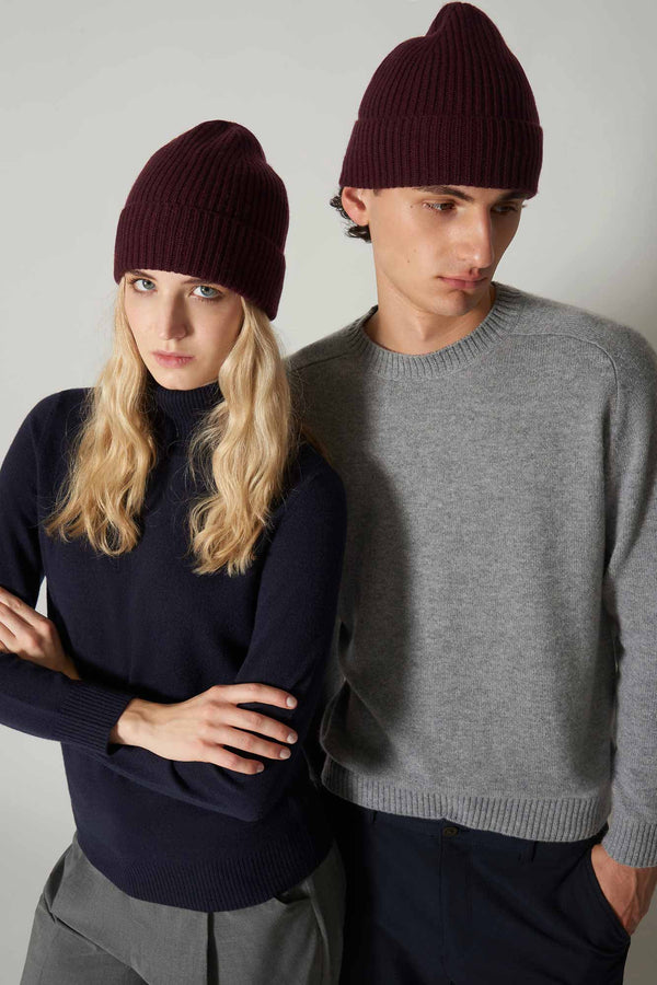 Berretto Unisex a Coste in Puro Cashmere Acero - Modello Lungo