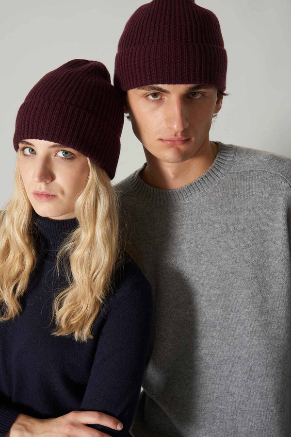 Berretto Unisex a Coste in Puro Cashmere Acero - Modello Lungo