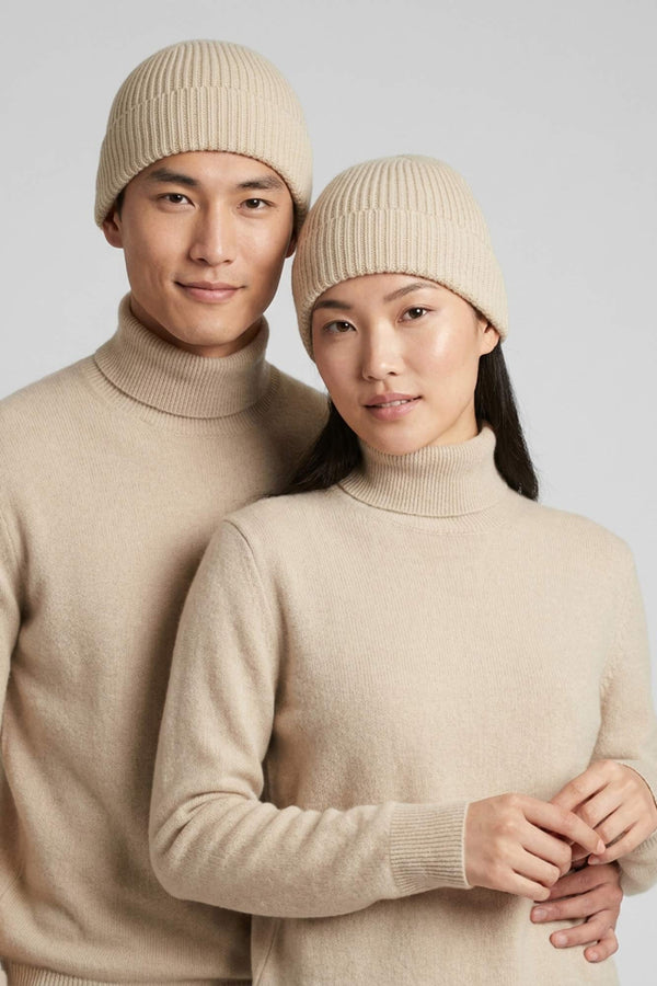 Berretto Lungo Unisex a Coste in Puro Cashmere Avena