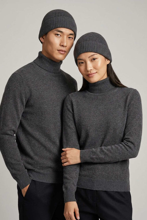 Anthracite Unisex Pure Cashmere Long Ribbed Beanie