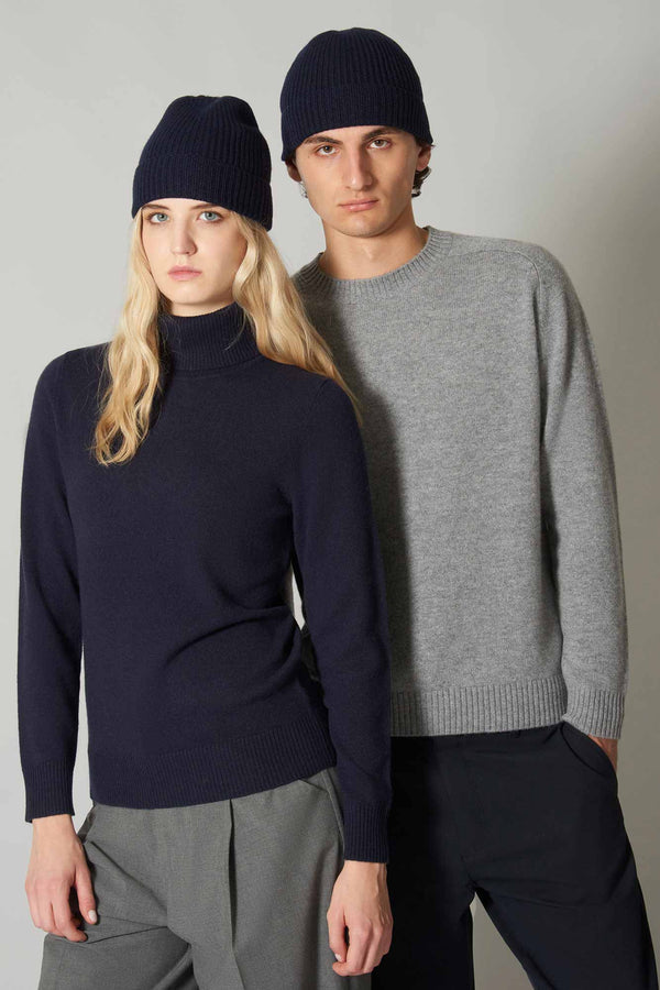 Berretto Unisex a Coste in Puro Cashmere Notte - Modello Lungo
