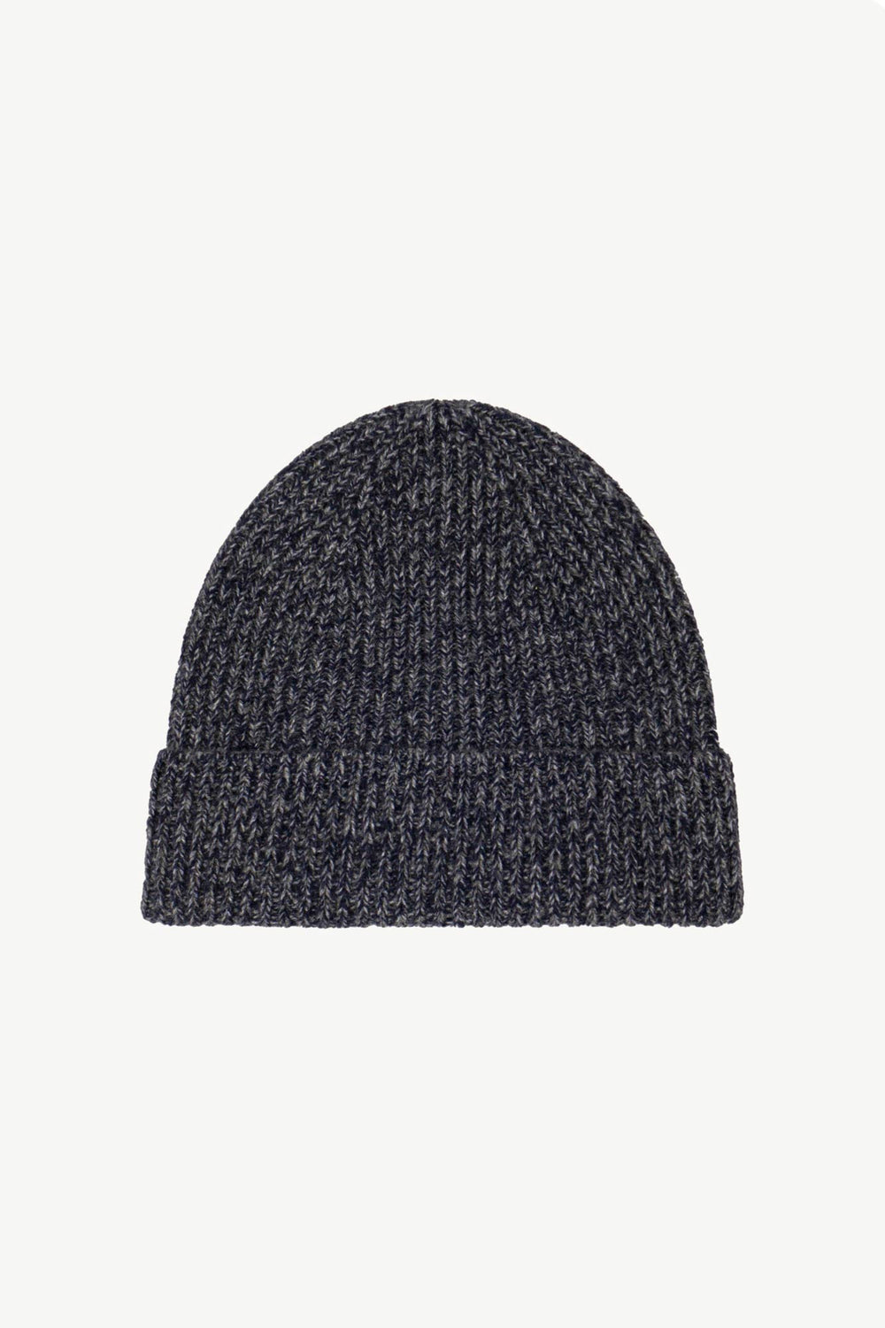 Berretto Unisex a Coste in Puro Cashmere Moulinè Notte - Modello Lungo