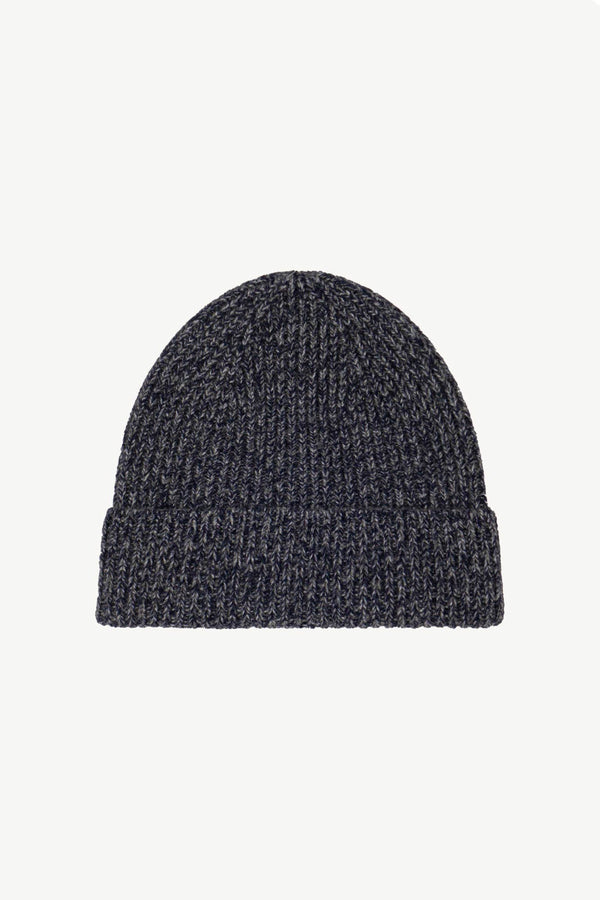 Berretto Unisex a Coste in Puro Cashmere Moulinè Notte - Modello Lungo