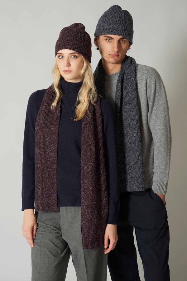 Berretto Unisex a Coste in Puro Cashmere Moulinè Notte - Modello Lungo