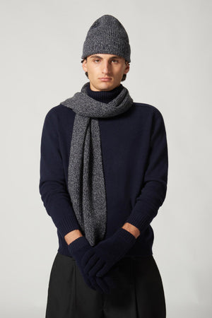 Berretto Unisex a Coste in Puro Cashmere Moulinè Notte - Modello Lungo