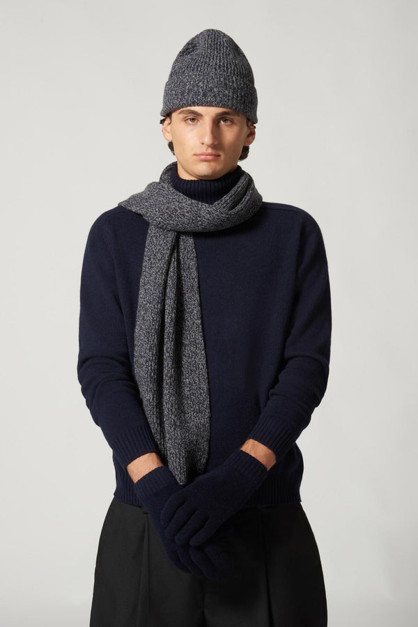 Berretto Unisex a Coste in Puro Cashmere Moulinè Notte - Modello Lungo