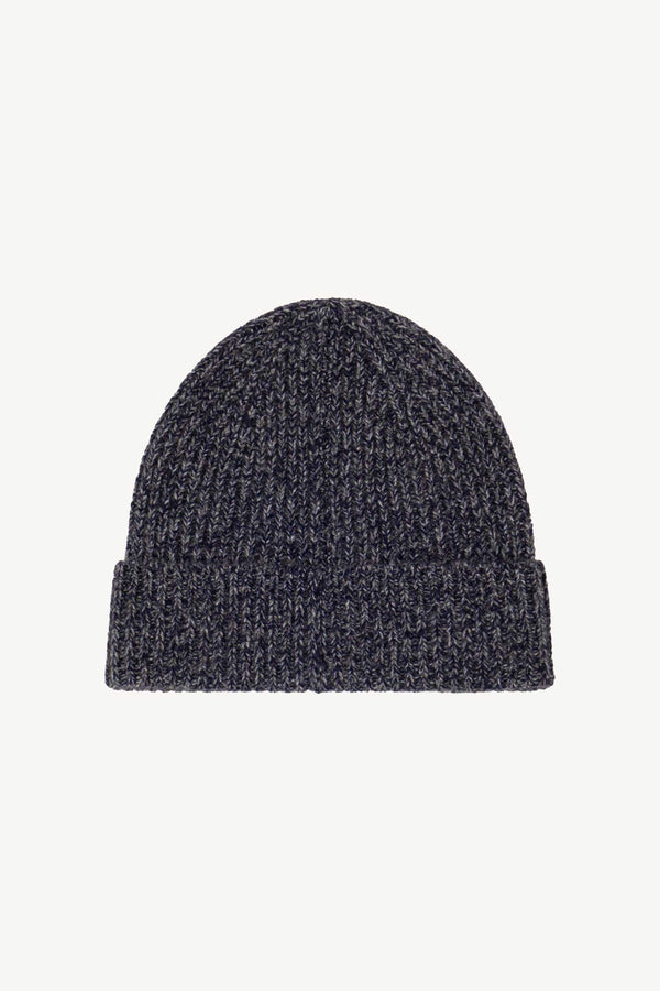 Berretto Unisex a Coste in Puro Cashmere Moulinè Notte - Modello Lungo