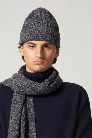 Berretto Unisex a Coste in Puro Cashmere Moulinè Notte - Modello Lungo
