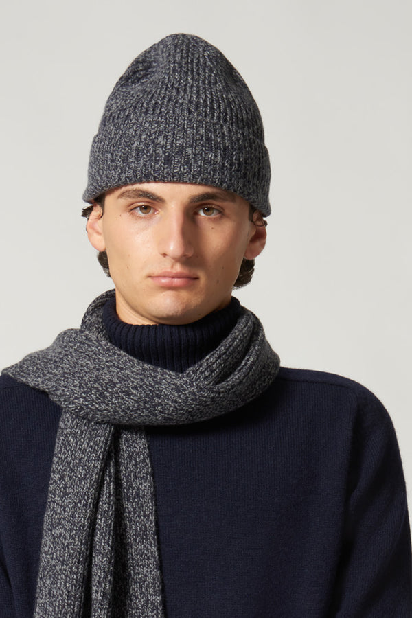 Berretto Unisex a Coste in Puro Cashmere Moulinè Notte - Modello Lungo