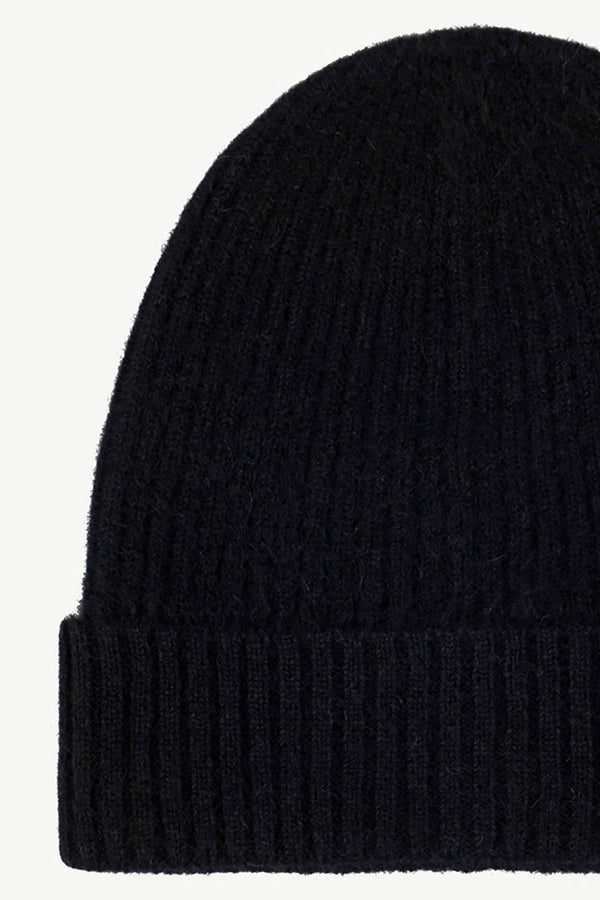 Berretto Unisex a Coste in Puro Cashmere Spazzolato Nero