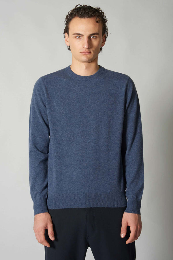 Maglia Girocollo in Puro Cashmere Denim Scuro
