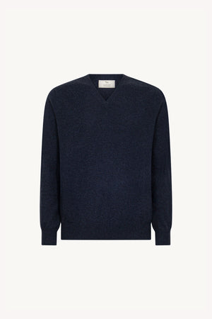 Marine Blue Pure Cashmere V-Neck Pullover