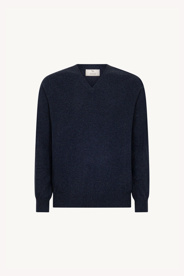 Marine Blue Pure Cashmere V-Neck Pullover