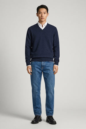 Marine Blue Pure Cashmere V-Neck Pullover