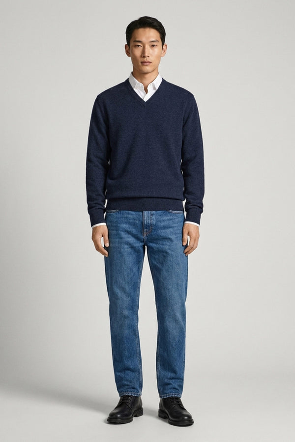 Marine Blue Pure Cashmere V-Neck Pullover