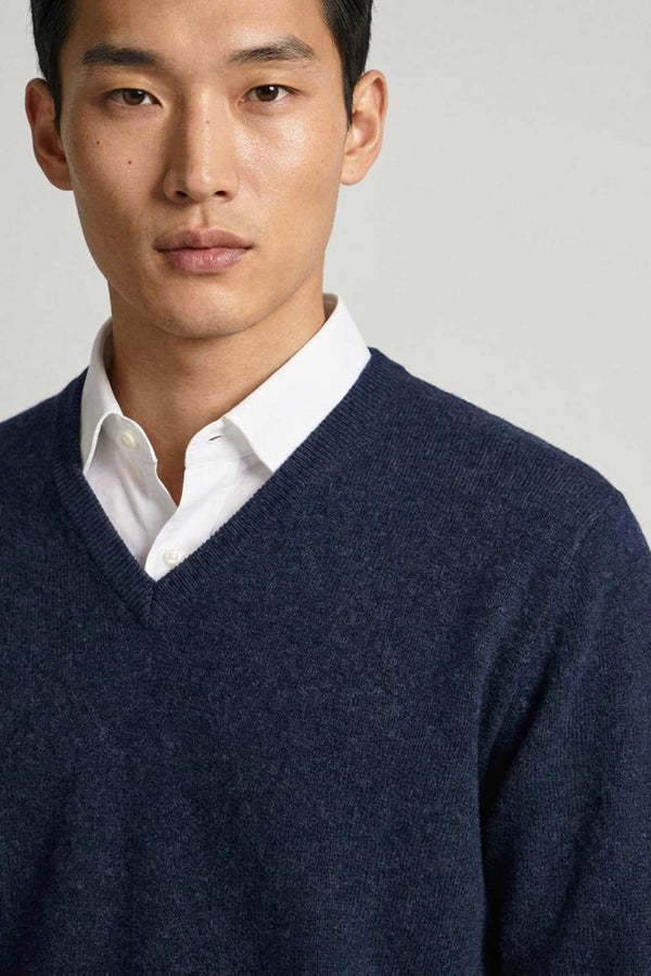 Marine Blue Pure Cashmere V-Neck Pullover