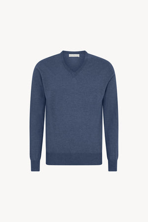 Maglia Scollo a V in Puro Cashmere Denim Scuro
