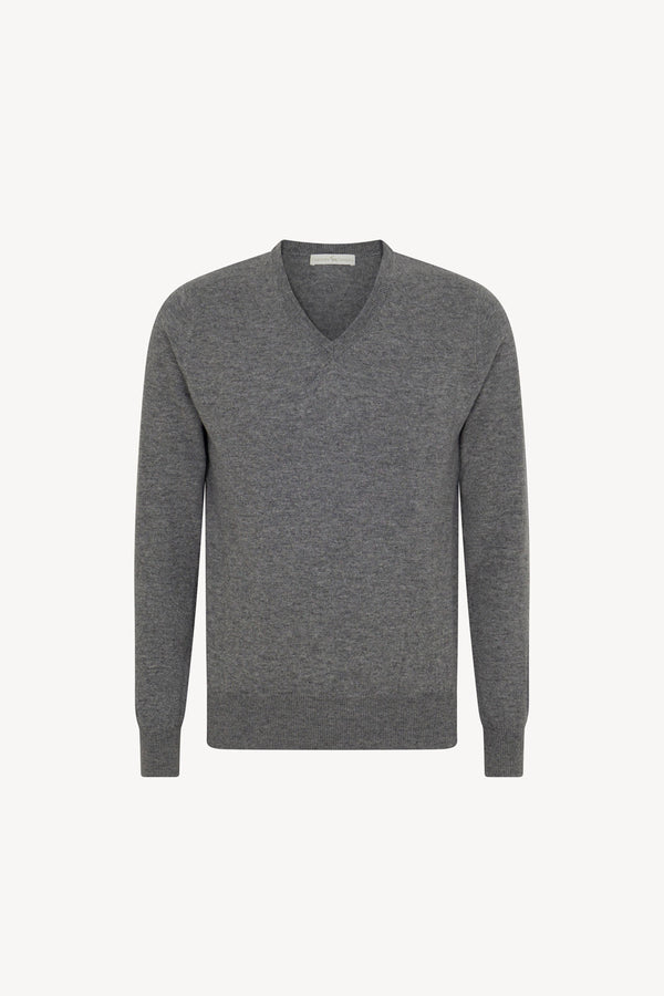 Medium Grey Pure Cashmere V-Neck Pullover