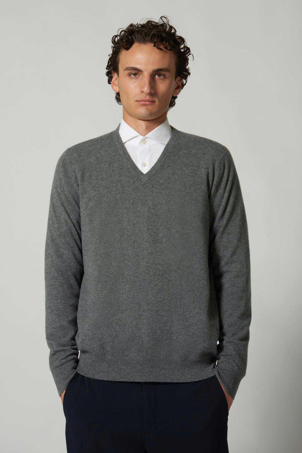 Medium Grey Pure Cashmere V-Neck Pullover