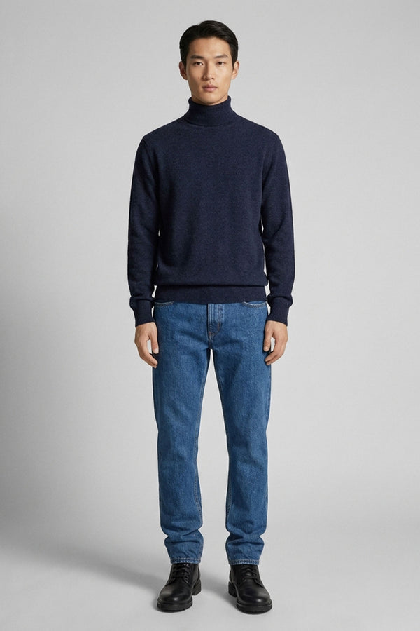 Marine Blue Pure Cashmere Turtleneck Pullover