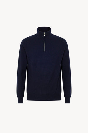 Navy Pure Cashmere Mock Neck Pullover with Zip