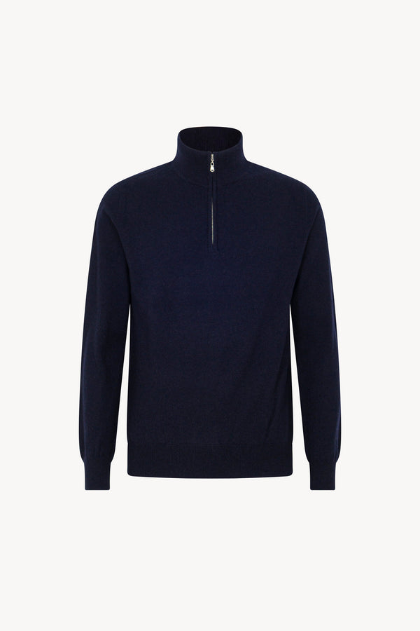 Navy Pure Cashmere Mock Neck Pullover with Zip