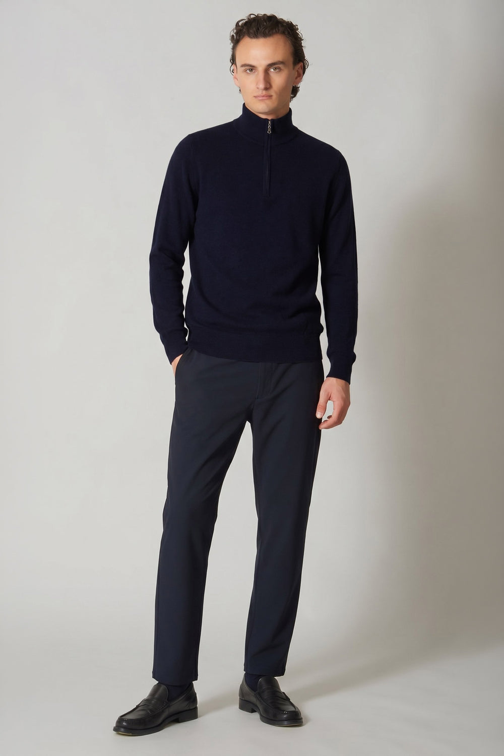 Navy Pure Cashmere Mock Neck Pullover with Zip